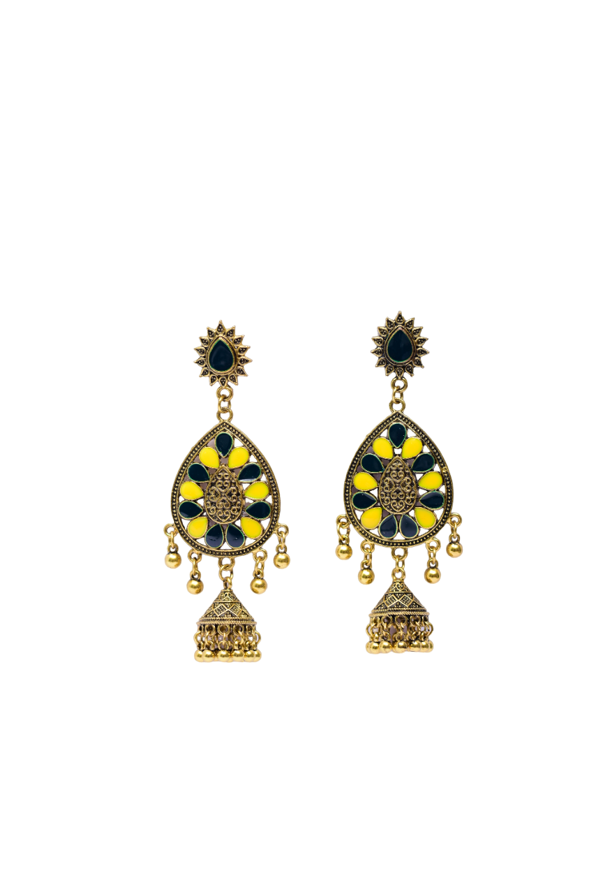 Namokriti Stunning Gold-Plated Jhumka Earrings: Green & Yellow Floral Enamel with a Unique Sun-Shaped Stud